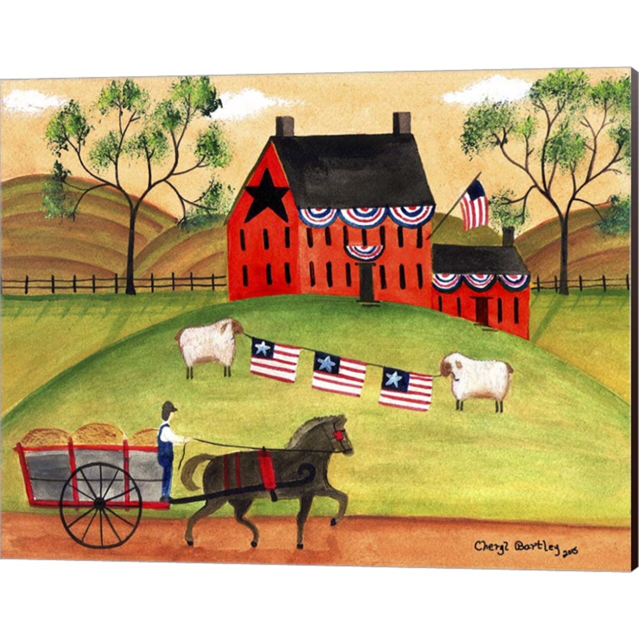 Primitive Americana Sheep with Horse and Wagon by Cheryl Bartley 20" x 16" Canvas Wall Art